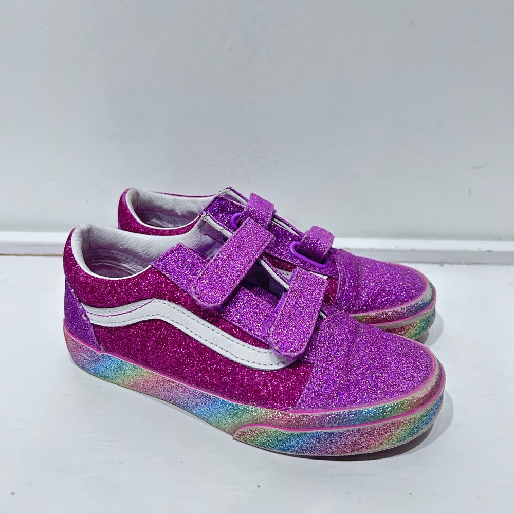 Vans Old Skool V Youth Sneakers Glitter Rainbow Pink Multi Velcro‎ Size 2.5Y
